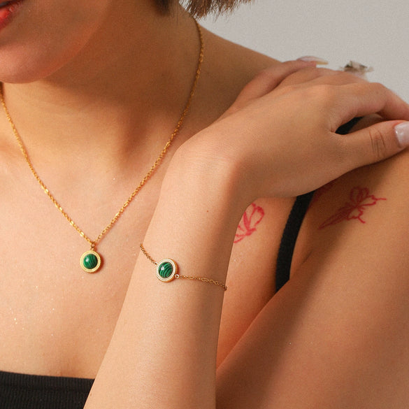 Jewelry Set Stainless Steel Geometric Malachite Set With Gems
