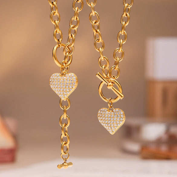 Jewelry Set 316L Stainless Steel Goldplated Heart Pendant Necklace And Bracelet
