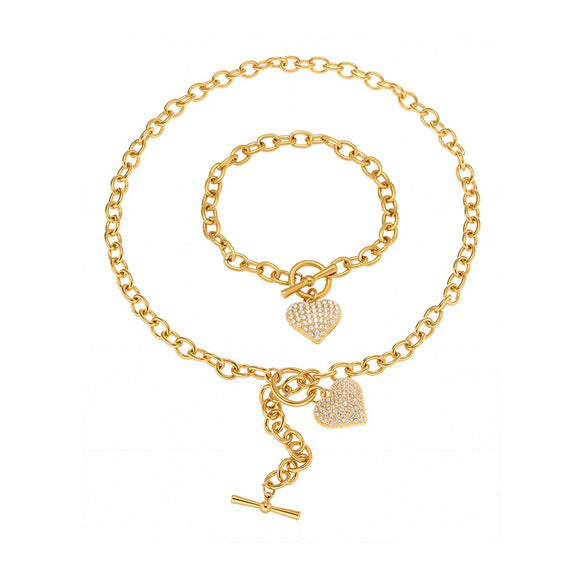 Jewelry Set 316L Stainless Steel Goldplated Heart Pendant Necklace And Bracelet