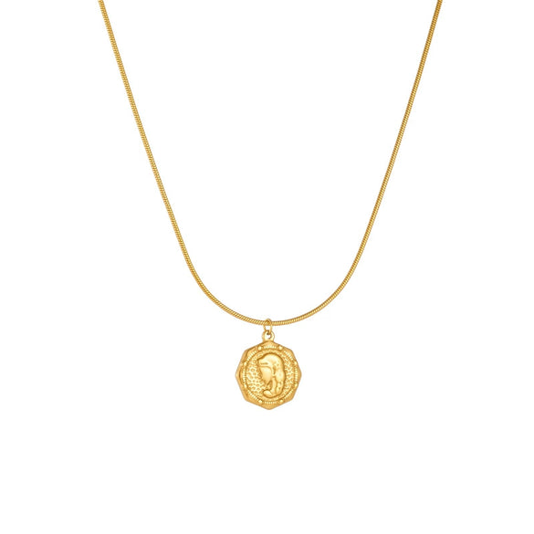 Jewelry Set Stainless Steel Goldplated Round Pendant And Chain For Women Retro Fashion Style