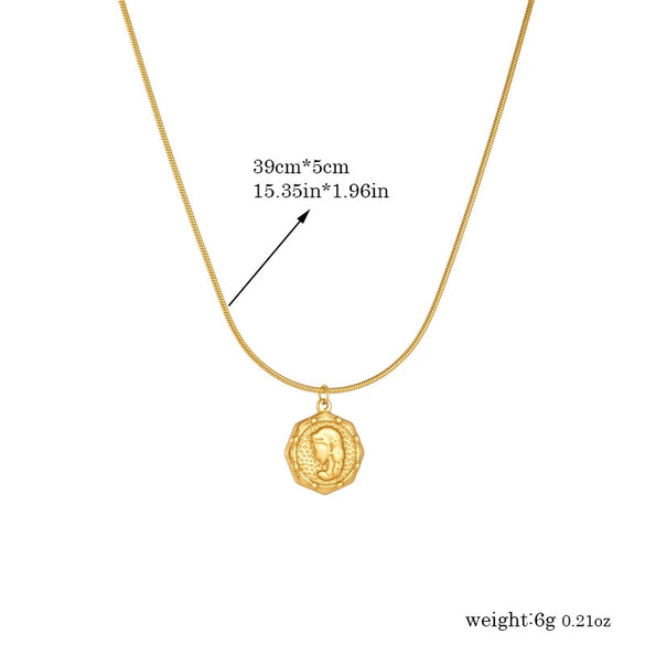 Jewelry Set Stainless Steel Goldplated Round Pendant And Chain For Women Retro Fashion Style