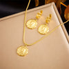 Jewelry Set Stainless Steel Goldplated Round Pendant And Chain For Women Retro Fashion Style