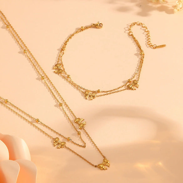 Jewelry Set Titanium Steel Box Chain Bow Pendant With Love Drop Bell Pattern
