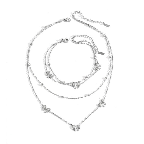Jewelry Set Titanium Steel Box Chain Bow Pendant With Love Drop Bell Pattern
