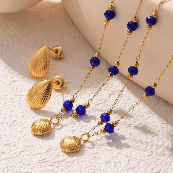 Jewelry Set 316L Stainless Steel 18K Gold Plated Starfish Shell Pendant Blue Crystal For Women