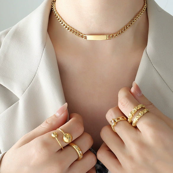 Jewelry Set Titanium Steel 18K Real Gold Plated Geometric Hiphop Heavy Industry Style Cuban Chain Bracelet Necklace