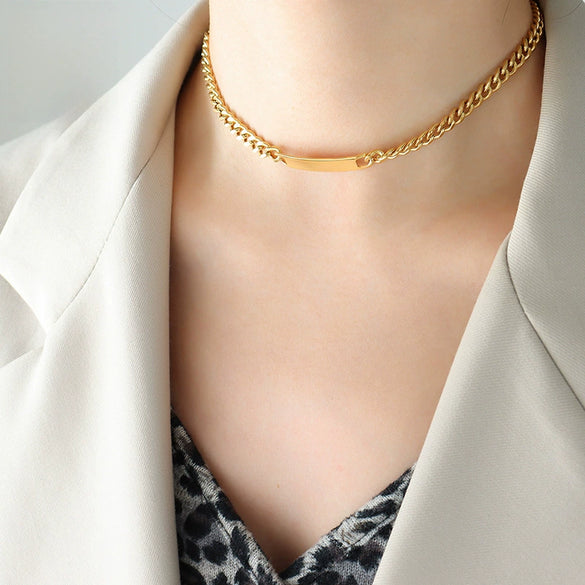 Jewelry Set Titanium Steel 18K Real Gold Plated Geometric Hiphop Heavy Industry Style Cuban Chain Bracelet Necklace