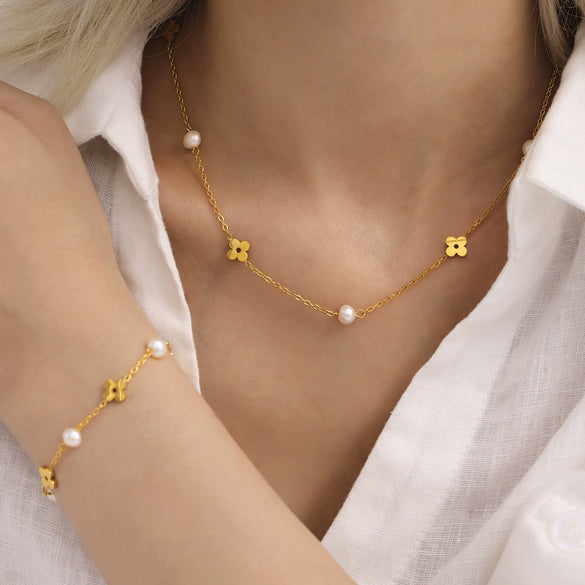 Jewelry Set Titanium Steel Natural Freshwater Pearl Cut Out Flower With Stars Sun And Moon Clouds Universe Electroplated