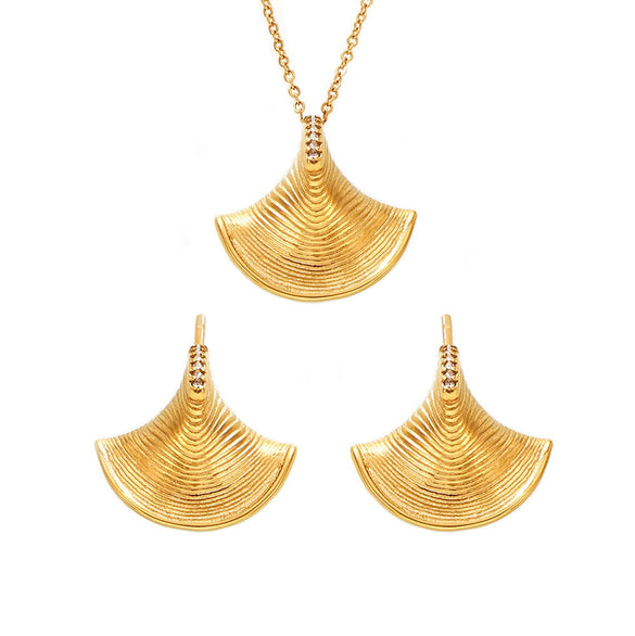 Jewelry Set With Fanshaped Shell Zircon Pendant Necklace And Earrings Cold Style 316L Stainless Steel Material Electroplating Process