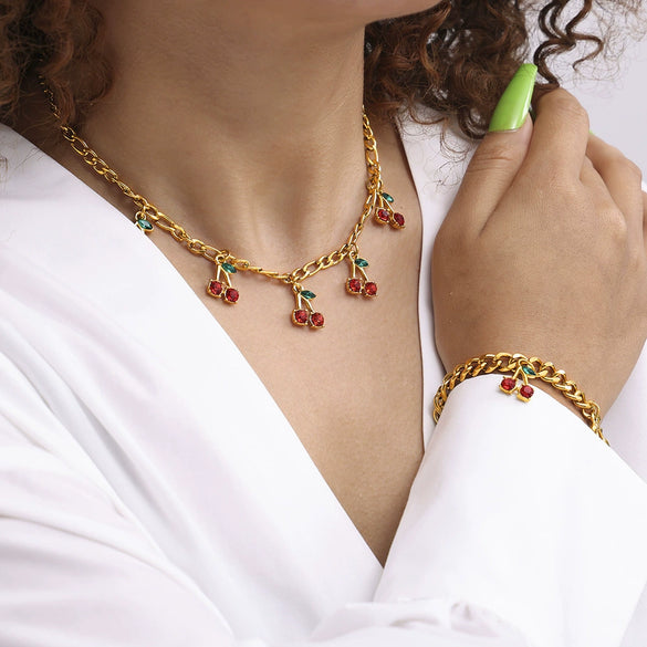 Jewelry Set With Glass Stone Cherry Pattern 316L Stainless Steel Electroplated For Women Necklace Bracelet