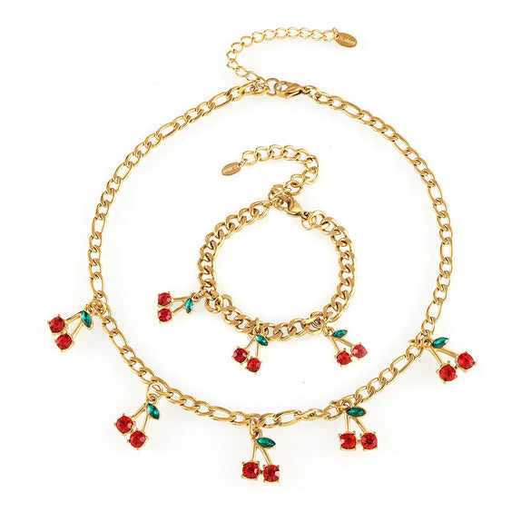 Jewelry Set With Glass Stone Cherry Pattern 316L Stainless Steel Electroplated For Women Necklace Bracelet