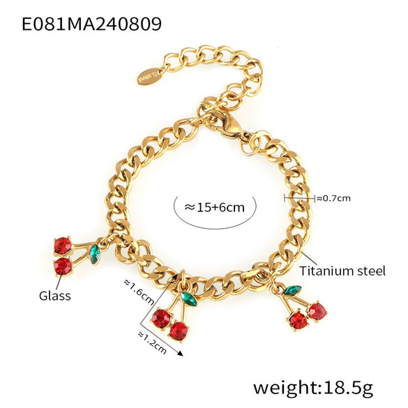 Jewelry Set With Glass Stone Cherry Pattern 316L Stainless Steel Electroplated For Women Necklace Bracelet