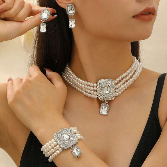 Jewelry Set With Imitation Pearls Square Pattern For Women