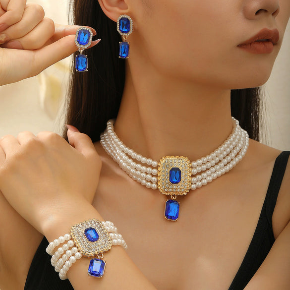 Jewelry Set With Imitation Pearls Square Pattern For Women