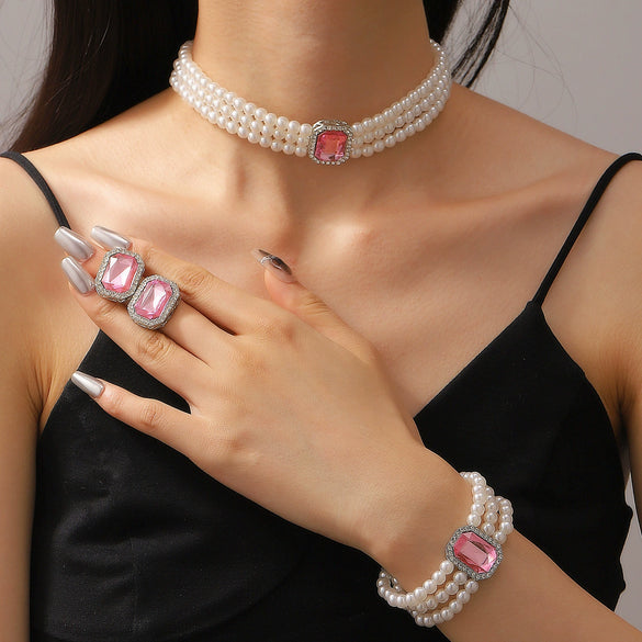 Jewelry Set With Imitation Pearls Square Pattern For Women
