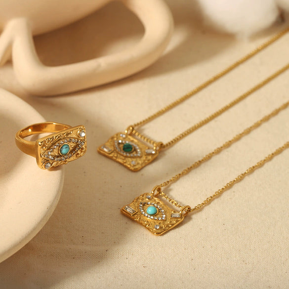 Jewelry Set With Square Pendant Geometric Pattern Stainless Steel Inlaid Zirconium And Electroplating Treatment