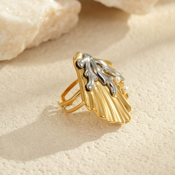 Jewelry Shell Coral Titanium Steel Stainless Steel Electroplated Women's Light Luxury Style Earrings And Ring