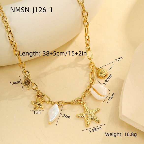 Jewelry Shell Starfish Geometric Stainless Steel 18K Electroplated Necklace Bracelet Set For Women