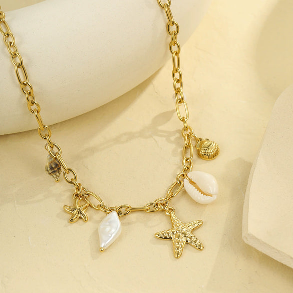 Jewelry Shell Starfish Geometric Stainless Steel 18K Electroplated Necklace Bracelet Set For Women
