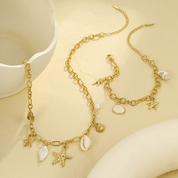 Jewelry Shell Starfish Geometric Stainless Steel 18K Electroplated Necklace Bracelet Set For Women