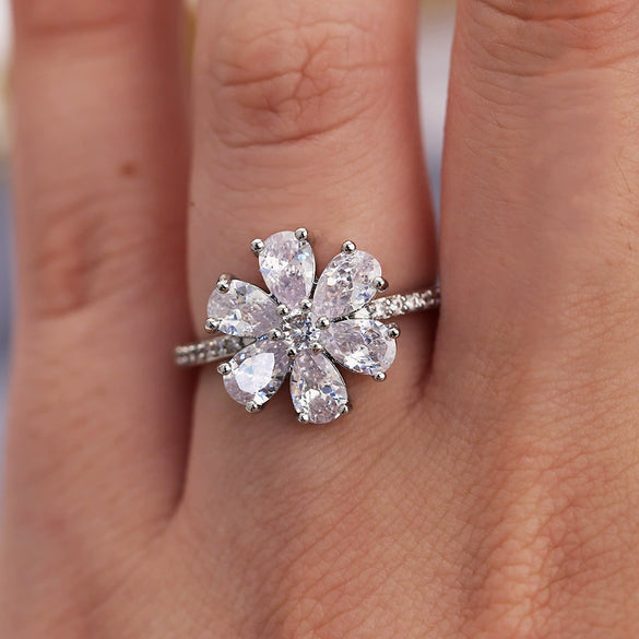 Jewelry Silver Drop Pearshaped Flower Snowflake Ring Electroplated Unisex