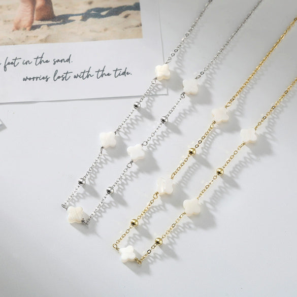 Jewelry 925 Silver Geometric Shell Fourleaf Flower Freshwater Pearl Electroplated Women's Bracelet Necklace