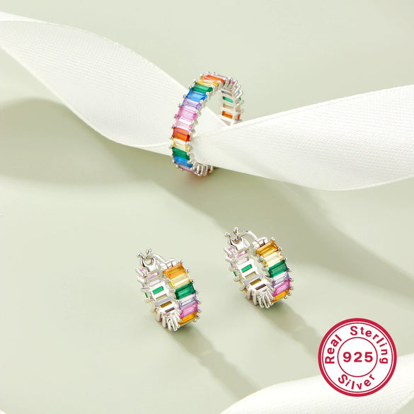 Jewelry Silver 925 Retro Elegant Rectangle Pattern Inlay Zircon Earring Ring Set