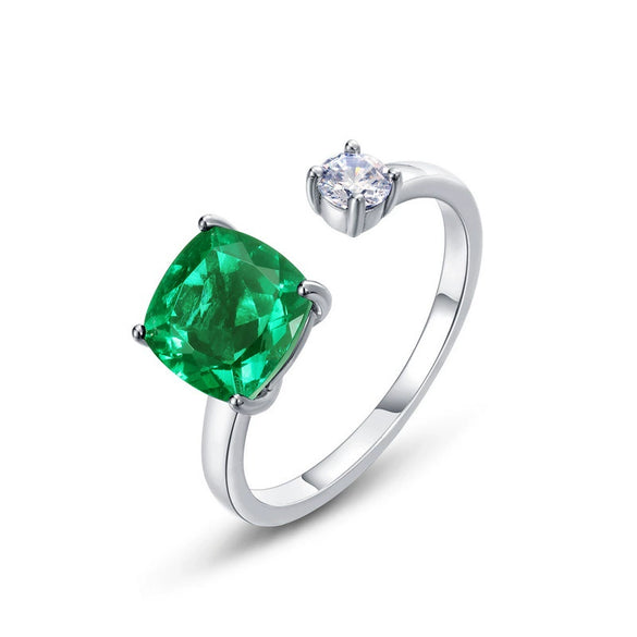 Jewelry 925 Silver Ring Inlaid Cultured Emerald Geometric Simple Fashion