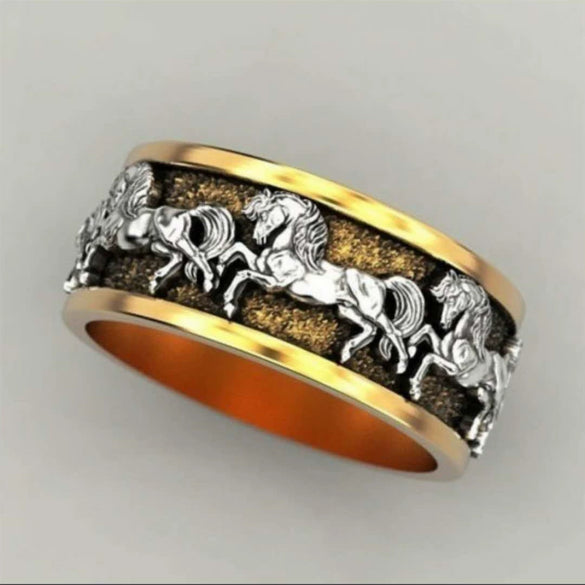 Jewelry Silver Ring With Galloping Wild Horse Geometric Pattern Electroplated