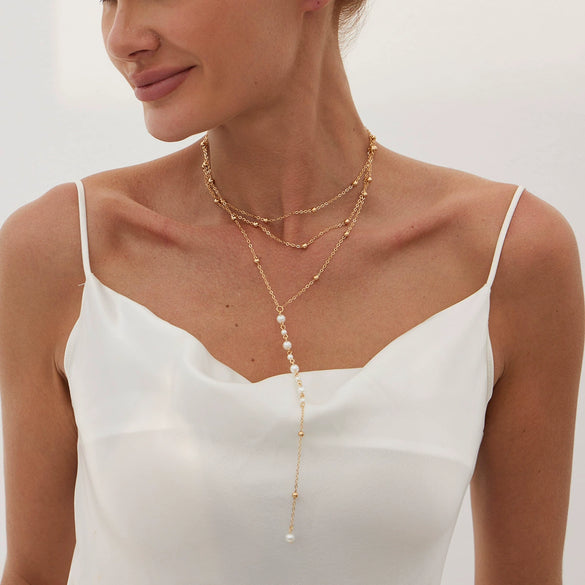Jewelry Simple Geometric Imitation Pearl And Copperclad Iron Beaded Clavicle Chain Yshaped Necklace With Electroplating