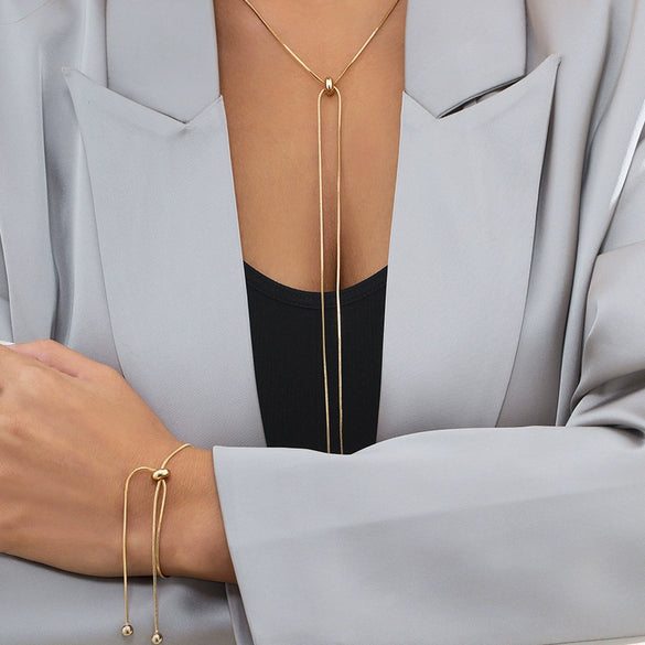 Jewelry Simple Long Tassel Necklace Metal Square Snake Bone Chain Copper Ochain Geometric Electroplated