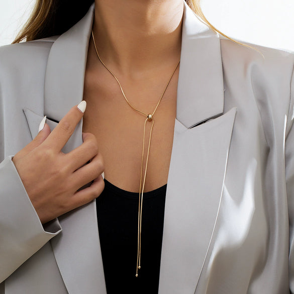 Jewelry Simple Long Tassel Necklace Metal Square Snake Bone Chain Copper Ochain Geometric Electroplated