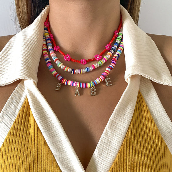 Jewelry Soft Ceramic Rice Bead Flower Pearl Chain Alloy Pendant Geometric Style Necklace