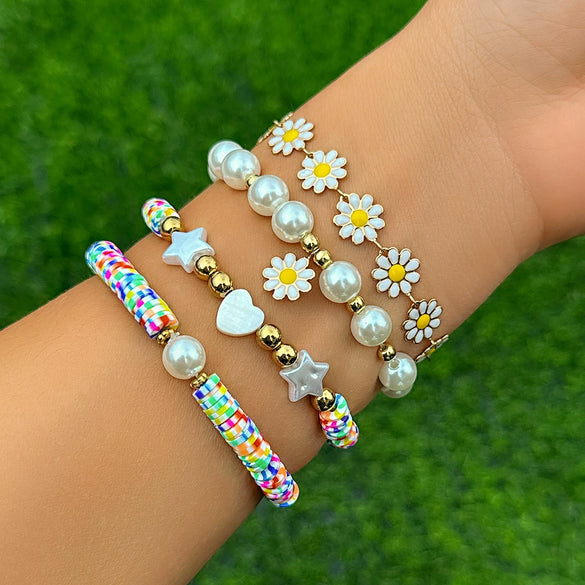 Jewelry Soft Pottery Imitation Pearl Ccb Alloy Rhinestone Dripping Oil Geometric Hip Hop Style Round Bead Chain Bracelet With Pig Nose Buckle Electroplated