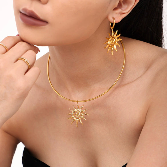 Jewelry Spiral Sun Pendant Necklace And Earrings Titanium Steel 18K Gold Plated Fashion