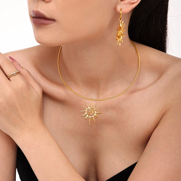 Jewelry Spiral Sun Pendant Necklace And Earrings Titanium Steel 18K Gold Plated Fashion