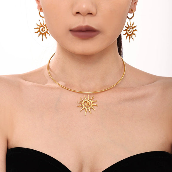 Jewelry Spiral Sun Pendant Necklace And Earrings Titanium Steel 18K Gold Plated Fashion