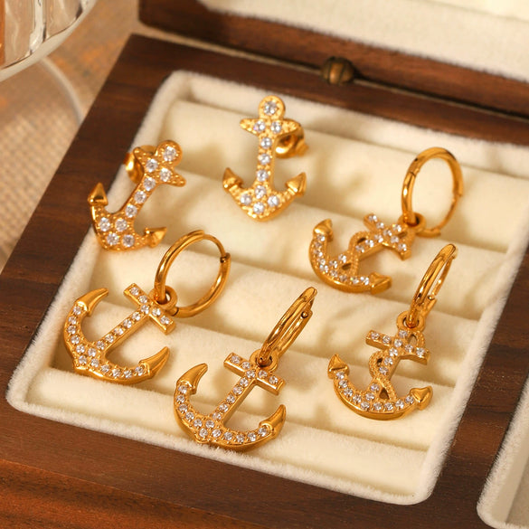 Jewelry Stainless Steel Anchor Earrings Set With Diamonds Geometric Style For Women