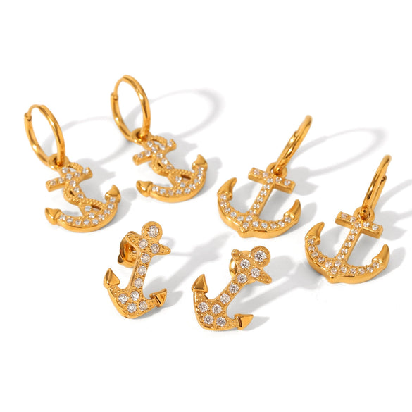 Jewelry Stainless Steel Anchor Earrings Set With Diamonds Geometric Style For Women