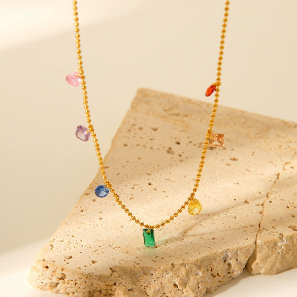 Jewelry Stainless Steel Ball Chain Necklace Mixed Gem Inlay Geometric Women