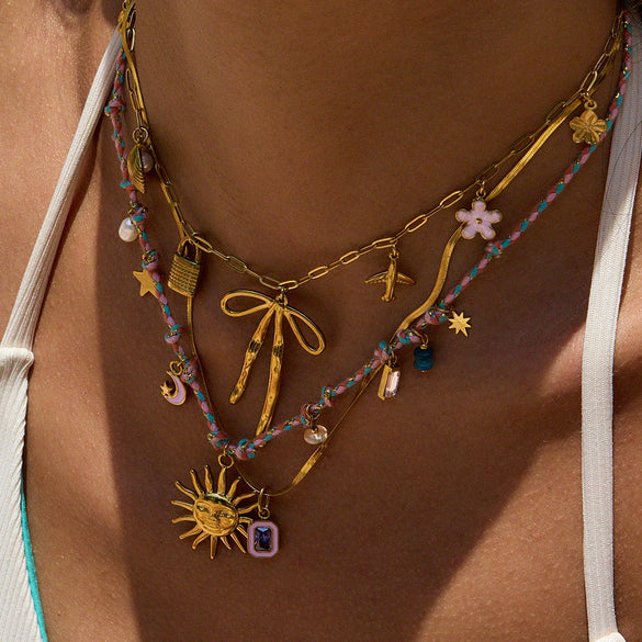 Jewelry Stainless Steel Colorful Rope Fabric Sun And Moon Devil's Eye Star Pendant Electroplating For Women