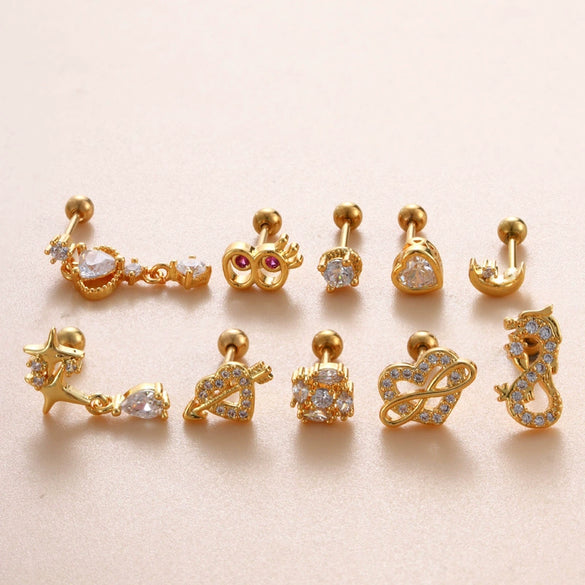 Jewelry Stainless Steel Copper Inlaid Zircon Heart Shaped Electroplated Women's Ear Bone Nail