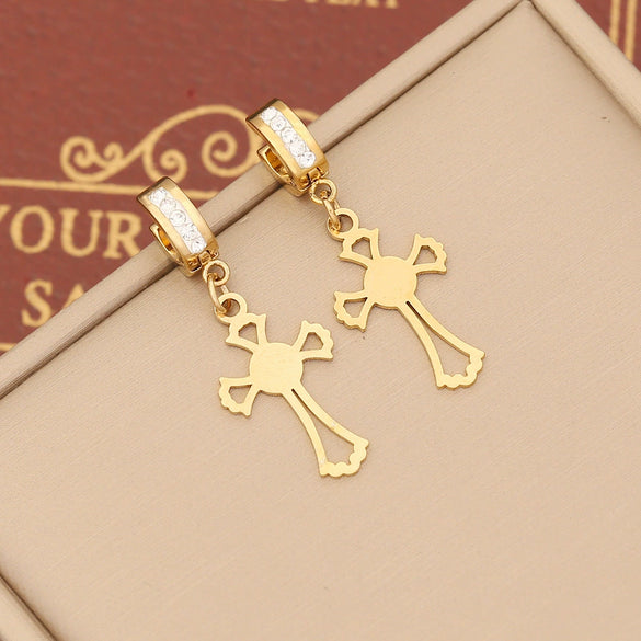 Jewelry Stainless Steel Cross Earrings With Full Diamond Electroplating For Women