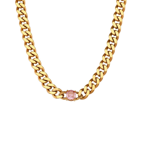 Jewelry Stainless Steel Cuban Chain Round Zircon Necklace Electroplated Geometric Style