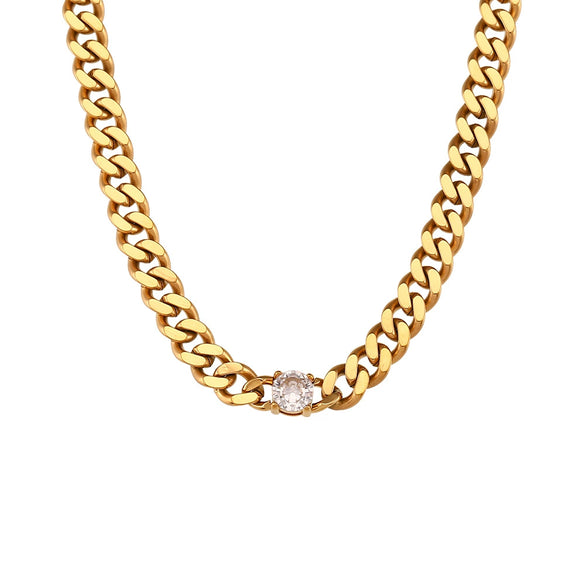 Jewelry Stainless Steel Cuban Chain Round Zircon Necklace Electroplated Geometric Style