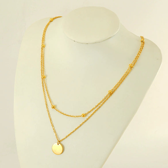Jewelry 316L Stainless Steel Double Layer Stacked Clavicle Chain With Round Pendant And Round Bead For Women Electroplated Geometric Style