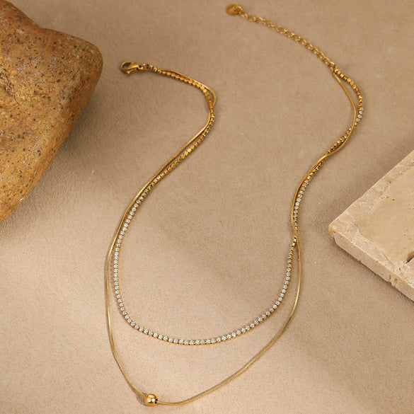 Jewelry Stainless Steel Doublelayer Overlapping Necklace With Zircon Geometric Minimalist Highend Light Luxury Electroplating For Women