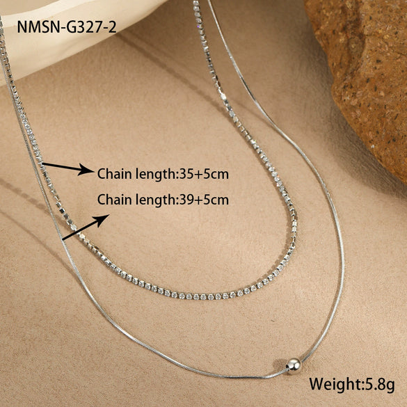 Jewelry Stainless Steel Doublelayer Overlapping Necklace With Zircon Geometric Minimalist Highend Light Luxury Electroplating For Women