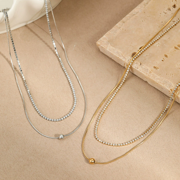 Jewelry Stainless Steel Doublelayer Overlapping Necklace With Zircon Geometric Minimalist Highend Light Luxury Electroplating For Women