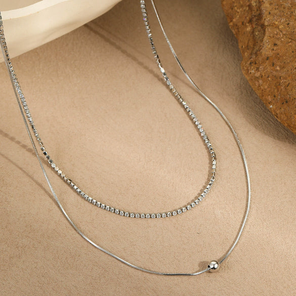 Jewelry Stainless Steel Doublelayer Overlapping Necklace With Zircon Geometric Minimalist Highend Light Luxury Electroplating For Women